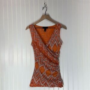 INC Orange Zigzag Ruched Mesh Top S Sleeveless Y2K Indie Archive Sheer Festival